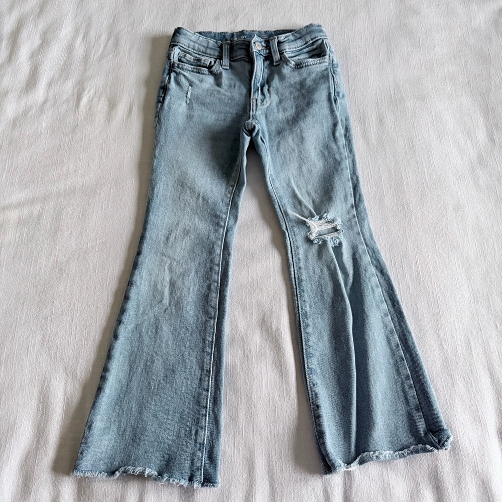 Old Navy Jeans Girls 8 Light Wash High Rise Flare Distressed Raw Hem Stretch